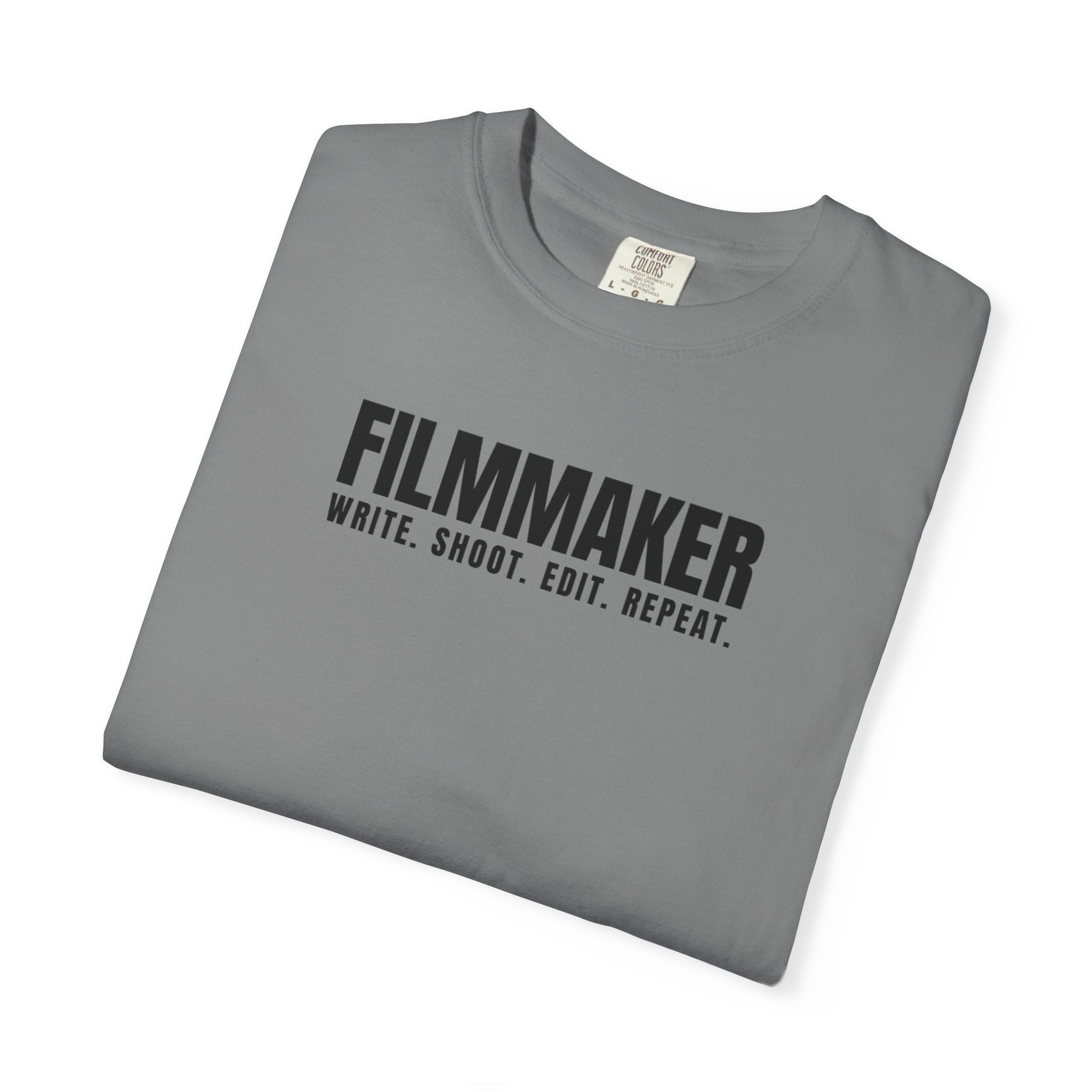 Filmmaker T-Shirt — "Filmmaker: Write. Shoot. Edit. Repeat." Crew Tee for Directors & Video Creators