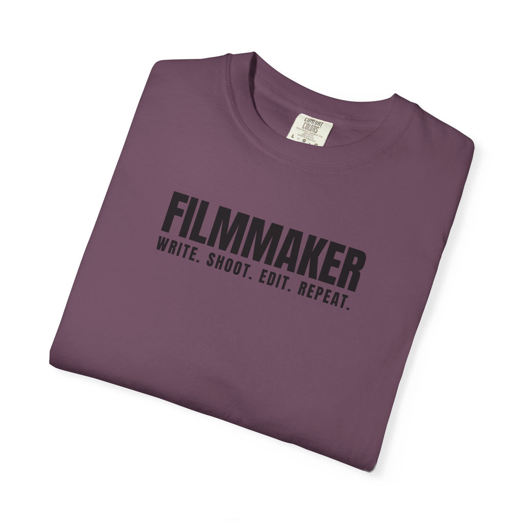 Filmmaker T-Shirt — "Filmmaker: Write. Shoot. Edit. Repeat." Crew Tee for Directors & Video Creators