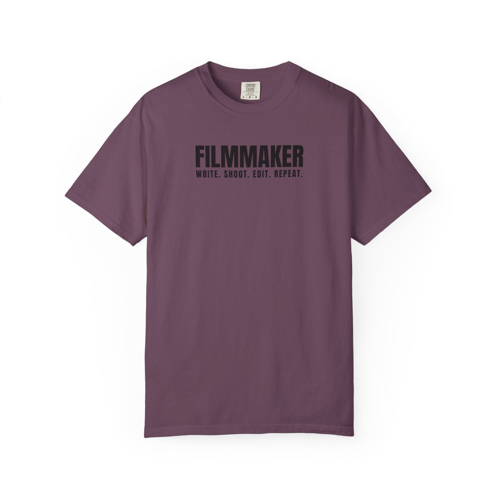 Filmmaker T-Shirt — "Filmmaker: Write. Shoot. Edit. Repeat." Crew Tee for Directors & Video Creators