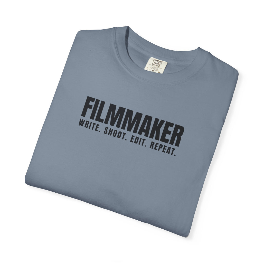 Filmmaker T-Shirt — "Filmmaker: Write. Shoot. Edit. Repeat." Crew Tee for Directors & Video Creators
