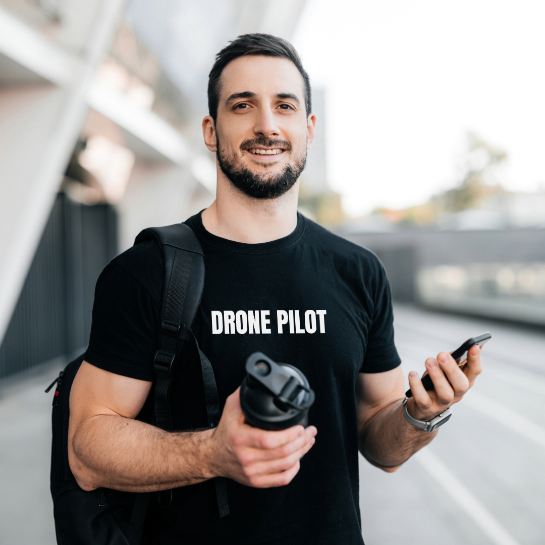 Drone Pilot T-Shirt — Graphic Drone Design Tee (Front 'DRONE PILOT', Back Drone Silhouette)