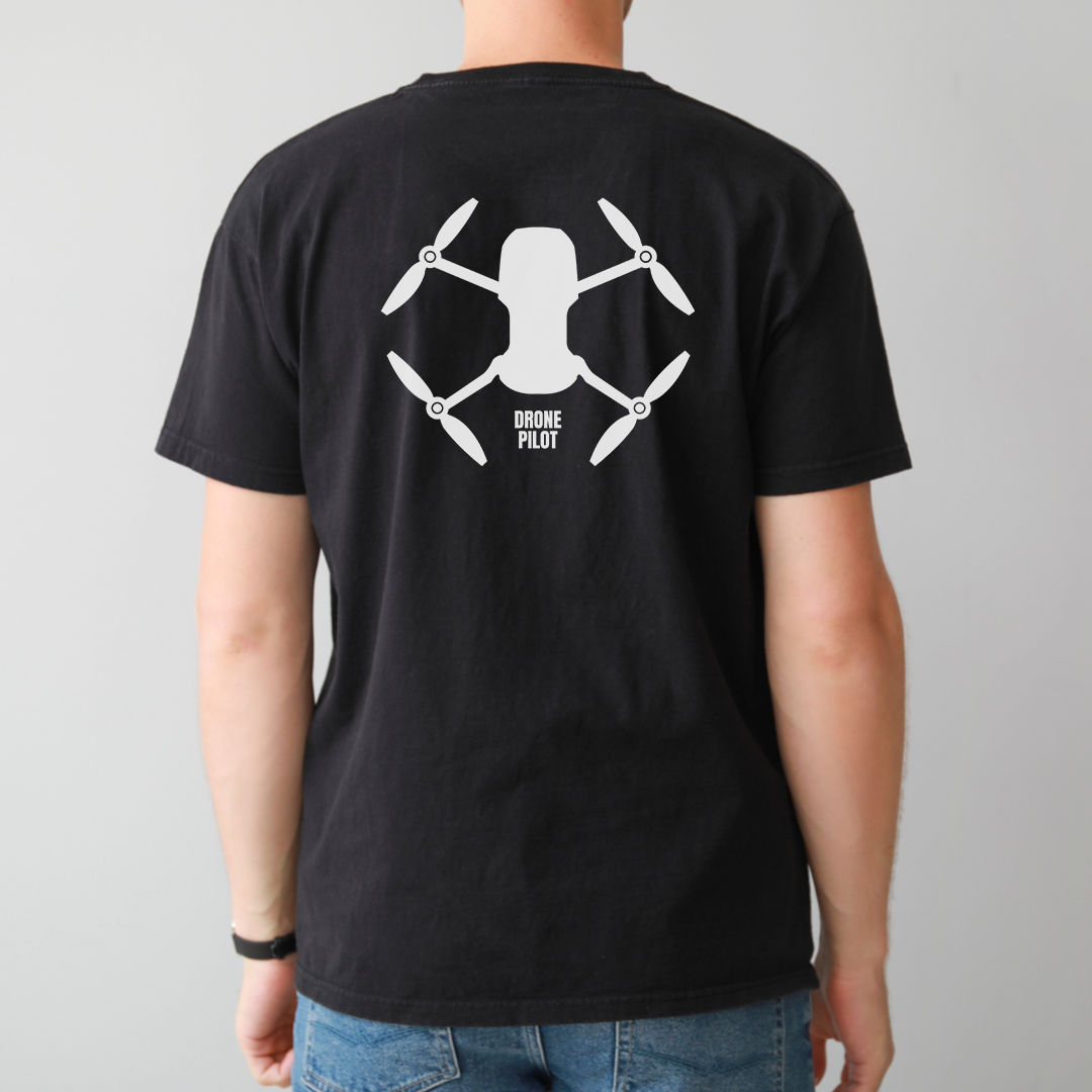 Drone Pilot T-Shirt — Graphic Drone Design Tee (Front 'DRONE PILOT', Back Drone Silhouette)