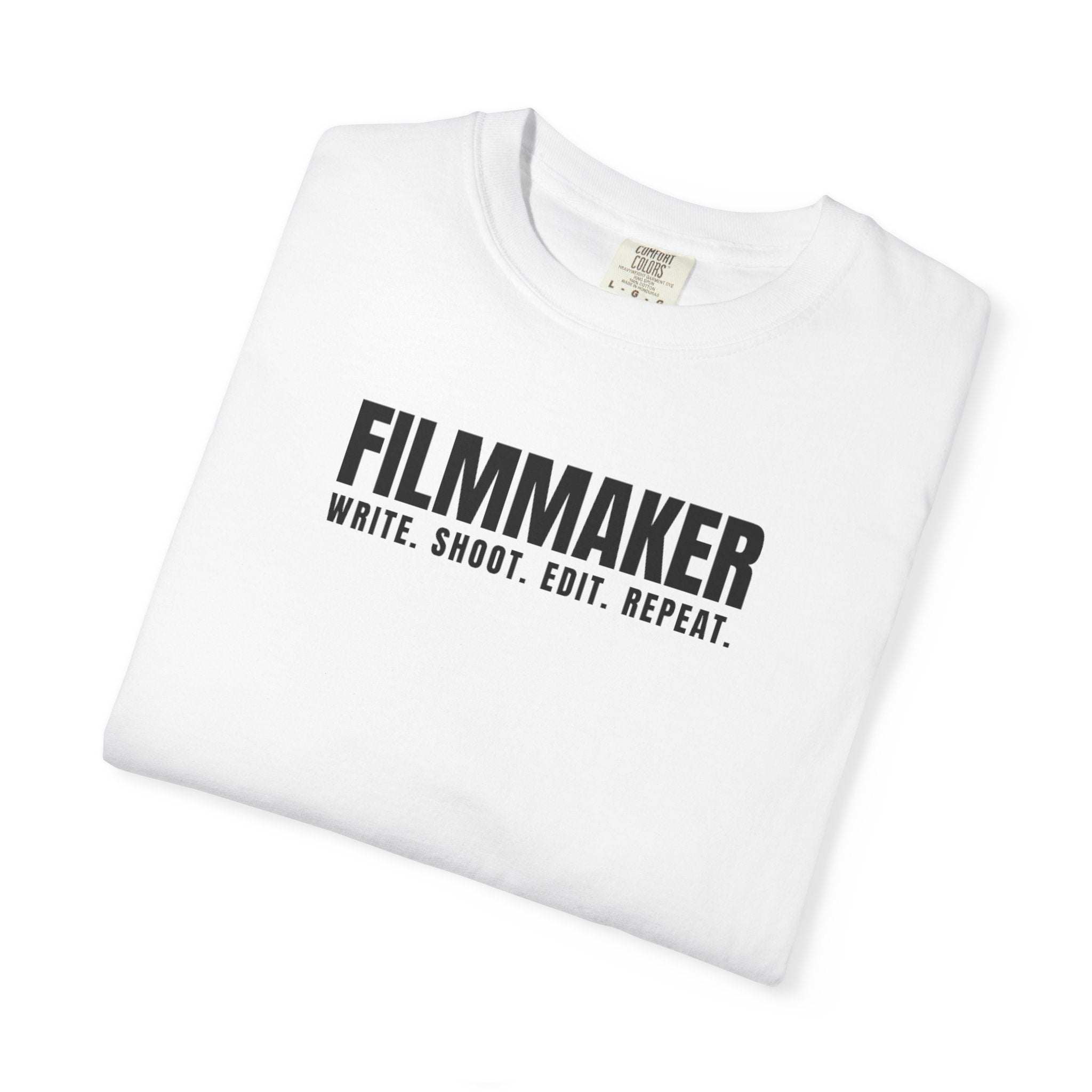 Filmmaker T-Shirt — "Filmmaker: Write. Shoot. Edit. Repeat." Crew Tee for Directors & Video Creators