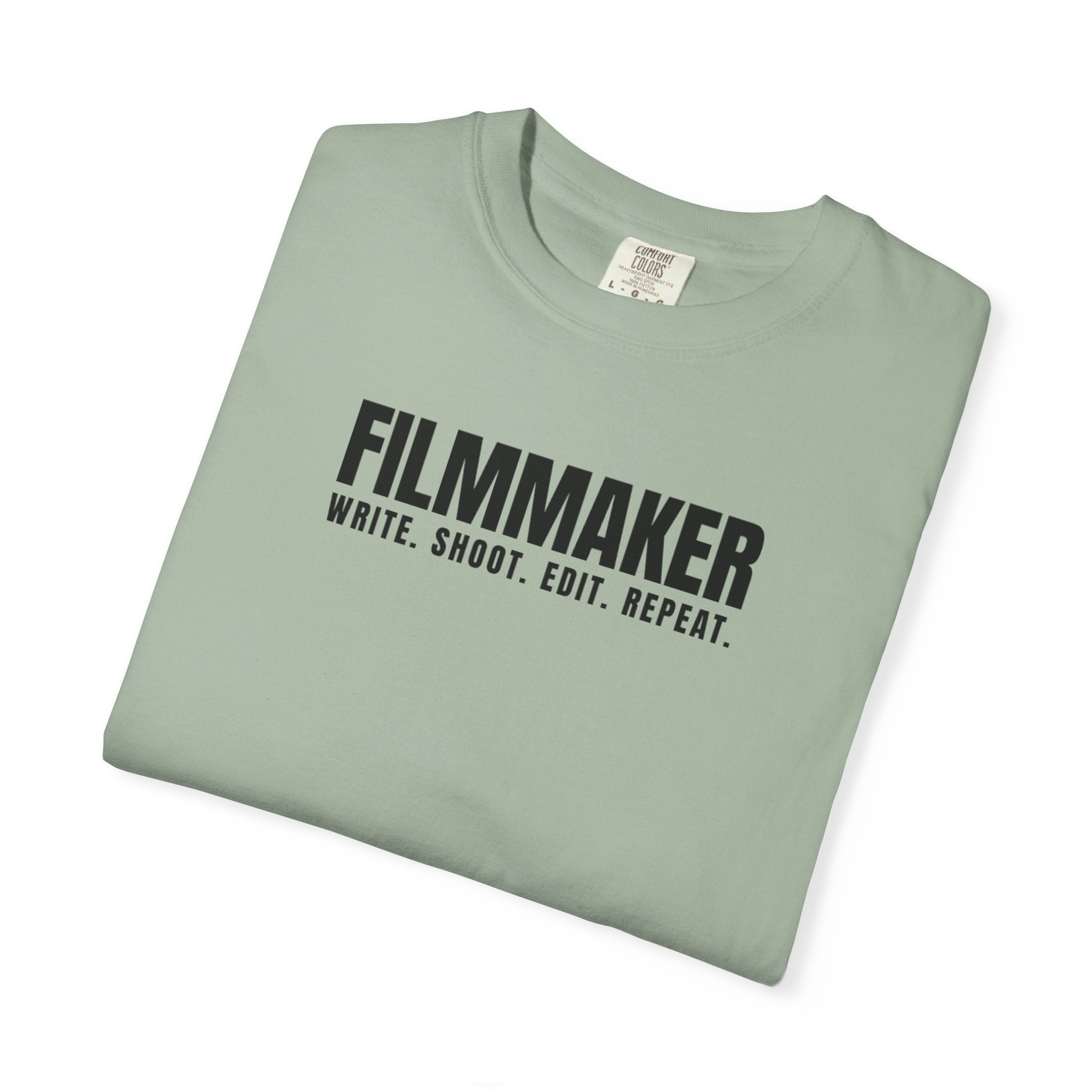 Filmmaker T-Shirt — "Filmmaker: Write. Shoot. Edit. Repeat." Crew Tee for Directors & Video Creators