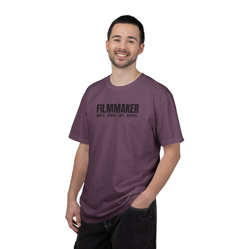 Filmmaker T-Shirt — "Filmmaker: Write. Shoot. Edit. Repeat." Crew Tee for Directors & Video Creators