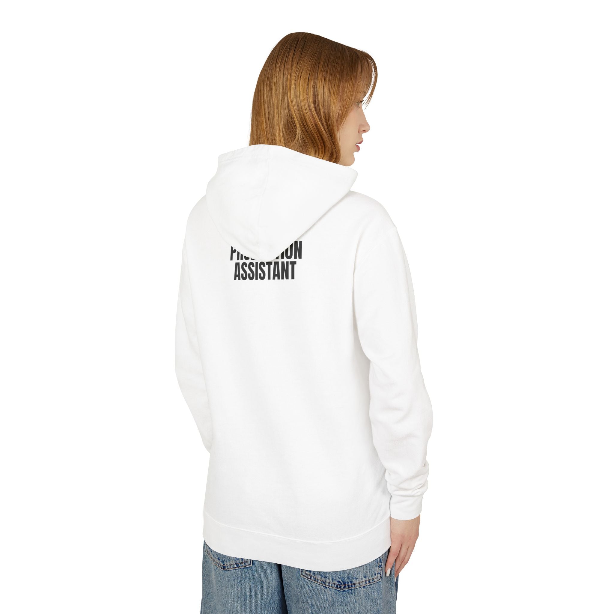 Production Assistant (PA) Lightweight Hooded Sweatshirt — Minimal Crewneck Back Print