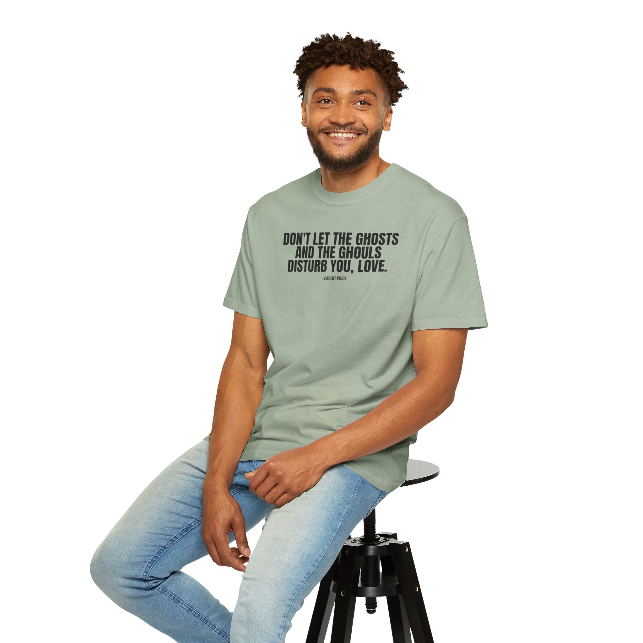 Vincent Price Quote T-Shirt — "Don't Let the Ghosts and the Ghouls Disturb You, Love." Graphic Tee