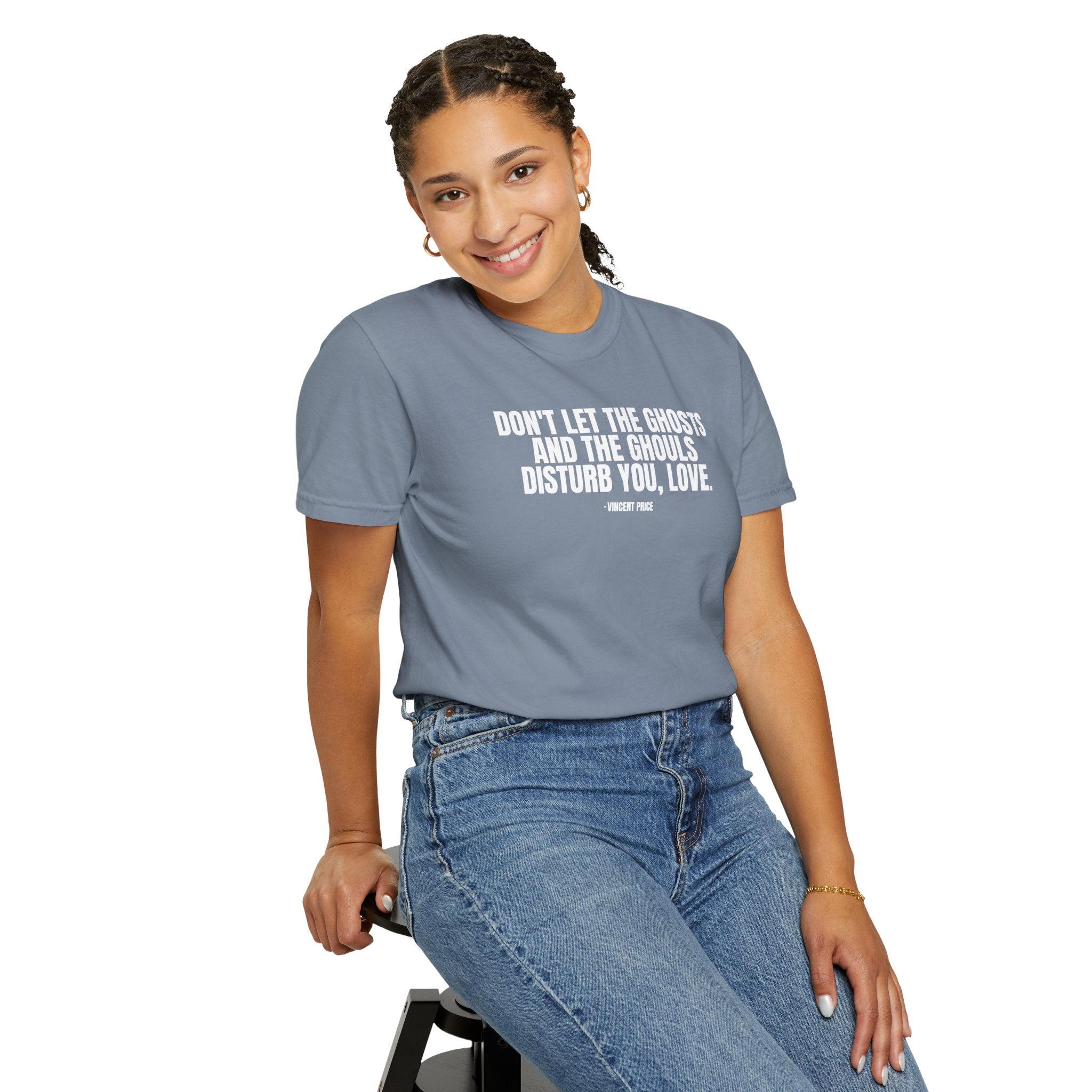 Vincent Price Quote T-Shirt — "Don't Let the Ghosts and the Ghouls Disturb You, Love." Graphic Tee