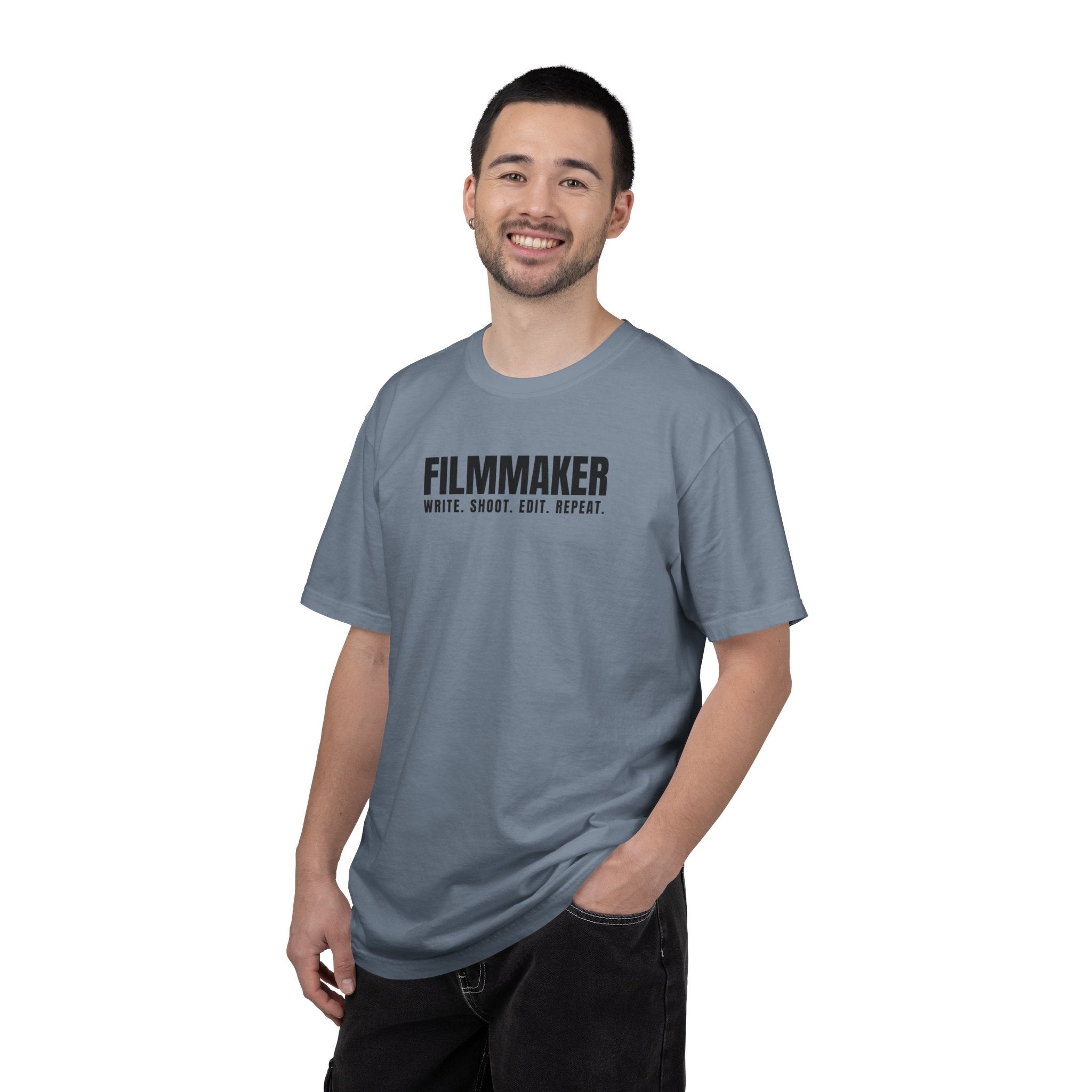 Filmmaker T-Shirt — "Filmmaker: Write. Shoot. Edit. Repeat." Crew Tee for Directors & Video Creators