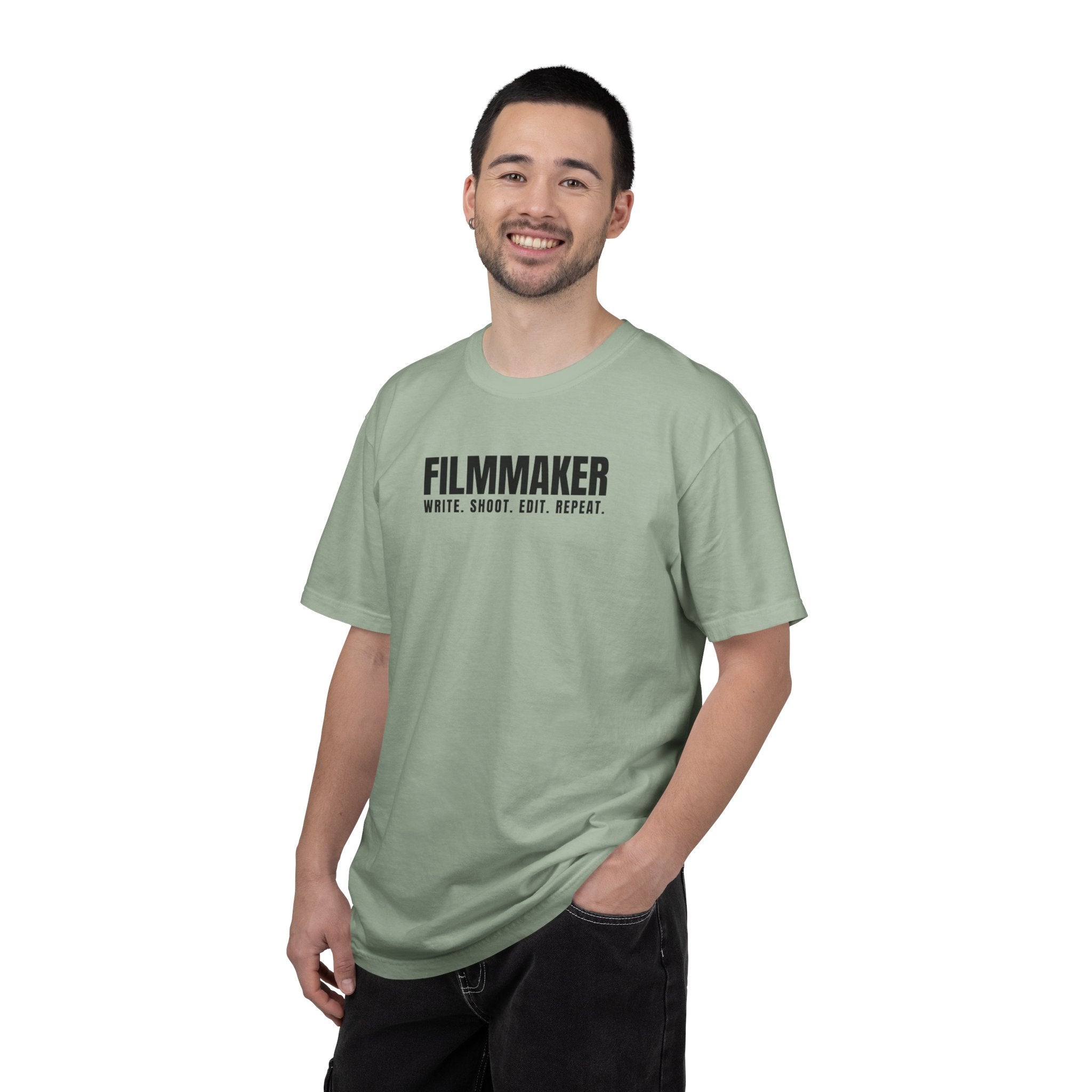Filmmaker T-Shirt — "Filmmaker: Write. Shoot. Edit. Repeat." Crew Tee for Directors & Video Creators