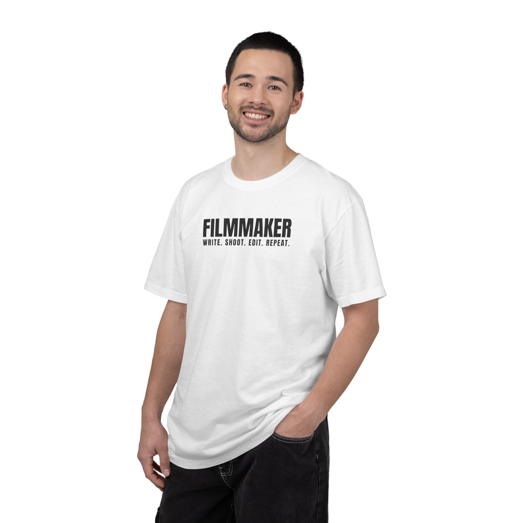 Filmmaker T-Shirt — "Filmmaker: Write. Shoot. Edit. Repeat." Crew Tee for Directors & Video Creators